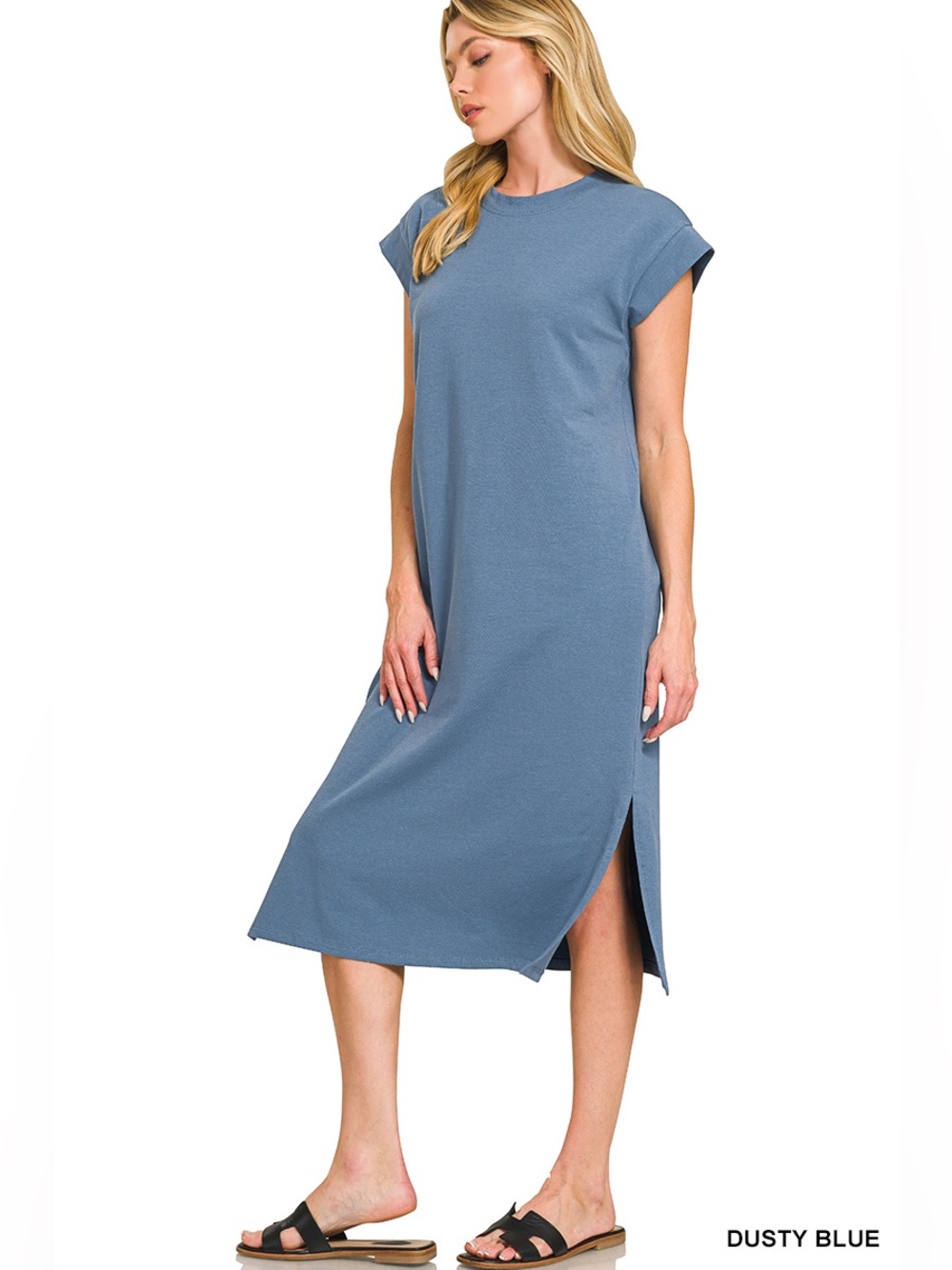 Zenana “Dusty Blue” Women’s Round Neck Short Sleeve Midi Dress